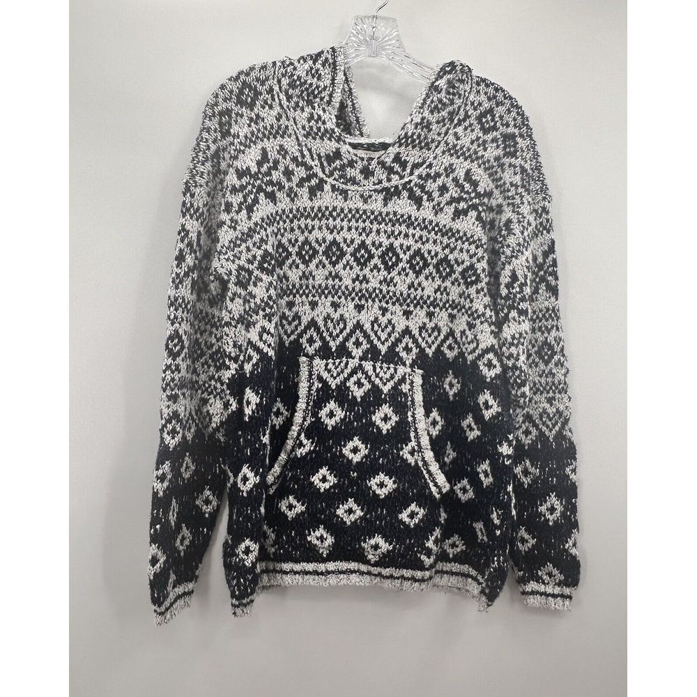 Pink Rose geometric navy blue & white knit sweater hoodie beachy hippie‎ boho XL